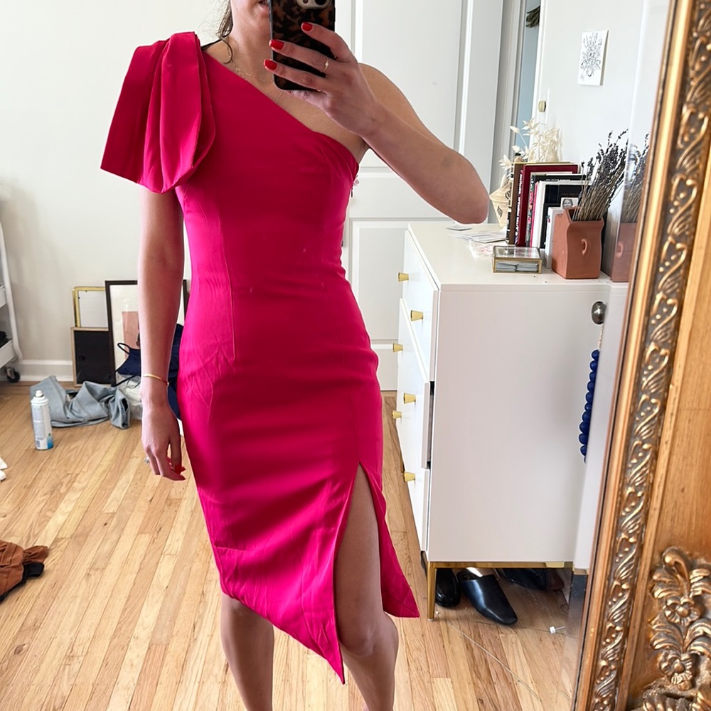 Hot pink never worn one shoulder bow dress